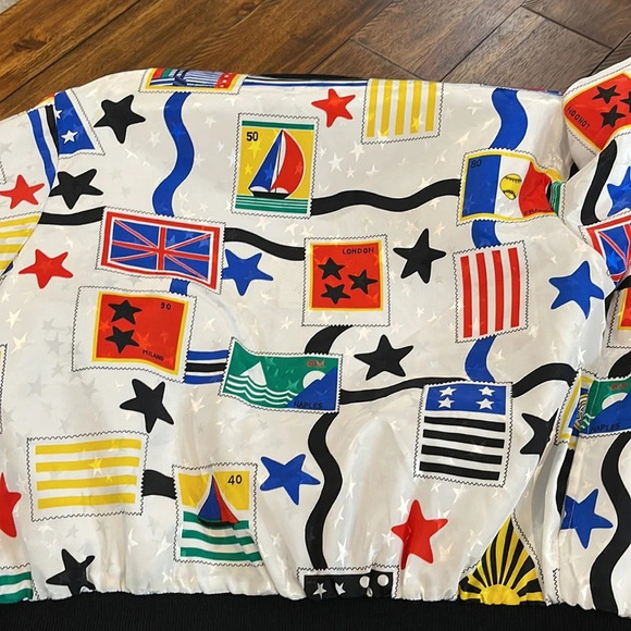 Vintage Jordana Stamps Flags zip Up  Jacket Elastic Waist Blouse Small - Picture 8 of 16